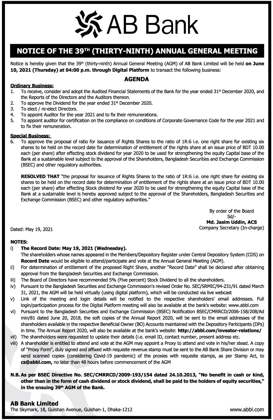 AB Bank AGM Notice Ad